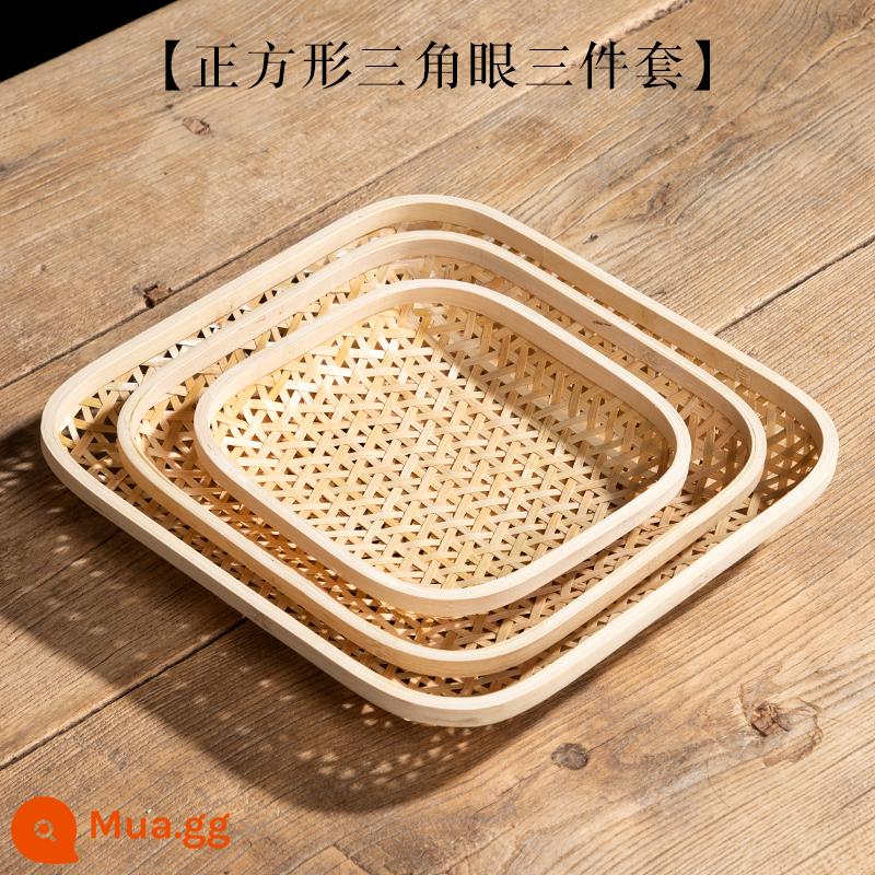 Tự Nhiên Handmade Tre Dệt Tre Giỏ Trái Cây Khay Trà Ăn Nhẹ Giỏ Bánh Hấp Giỏ Có Lỗ Tròn Hộ Gia Đình Tre rây - Bộ ba mảnh vuông