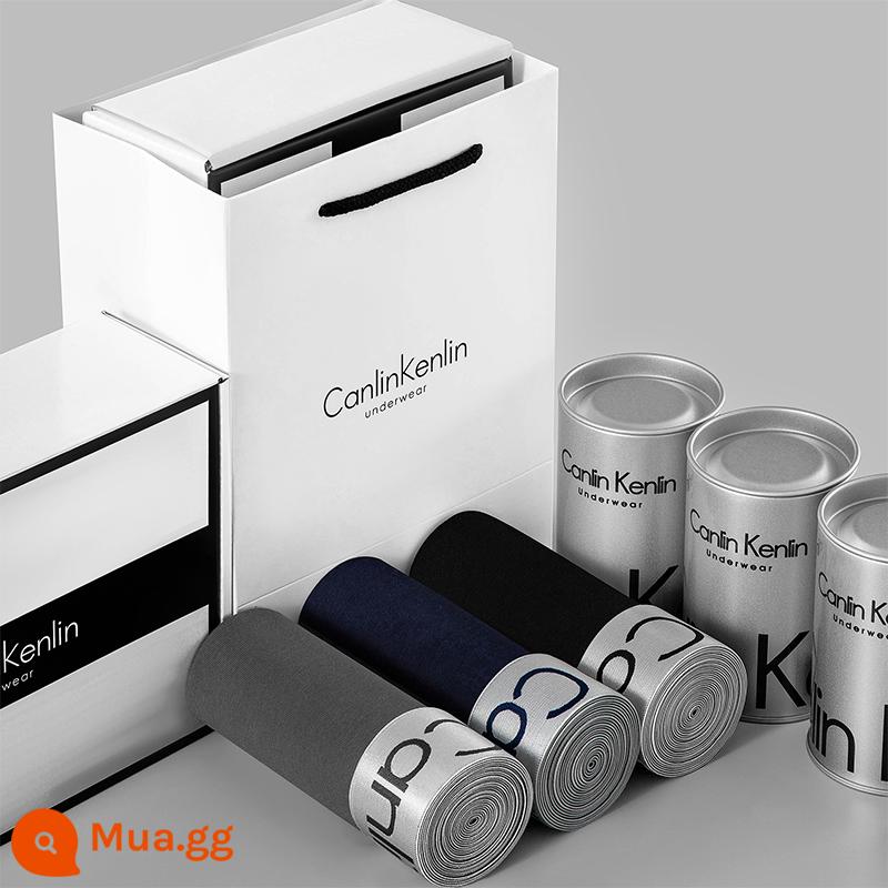 CK & LJRLTHO Quần Lót Nam Nam Cotton Nguyên Chất Boxer Thể Thao Thoáng Khí Quần Lót Boxer Hộp Quà Tặng Lễ Tình Nhân Quà Tặng - Mẫu viền bạc đen + xanh đậm + xám đậm 3 hộp quà