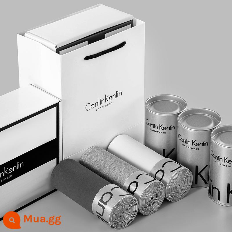 CK & LJRLTHO Quần Lót Nam Nam Cotton Nguyên Chất Boxer Thể Thao Thoáng Khí Quần Lót Boxer Hộp Quà Tặng Lễ Tình Nhân Quà Tặng - Mẫu viền bạc, xám nhạt + trắng + xám đậm, 3 hộp quà