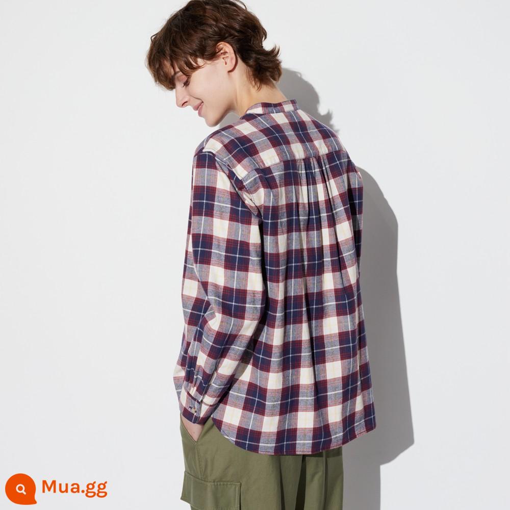 Uniqlo Nữ Flannel Kẻ Sọc Cổ Đứng (Áo Sơ Mi Dài Tay) 2024 Kiểu Mới 470995 - 68 màu xanh đậm