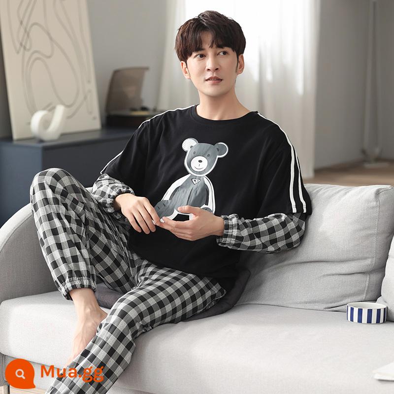 Bộ đồ ngủ cho nam mùa thu cotton nguyên chất dài tay trẻ trung kẻ sọc đen phong cách xuân thu có thể mặc bên ngoài quần áo ở nhà cỡ lớn phù hợp với mùa thu - [Bông nguyên chất] 88364 nam