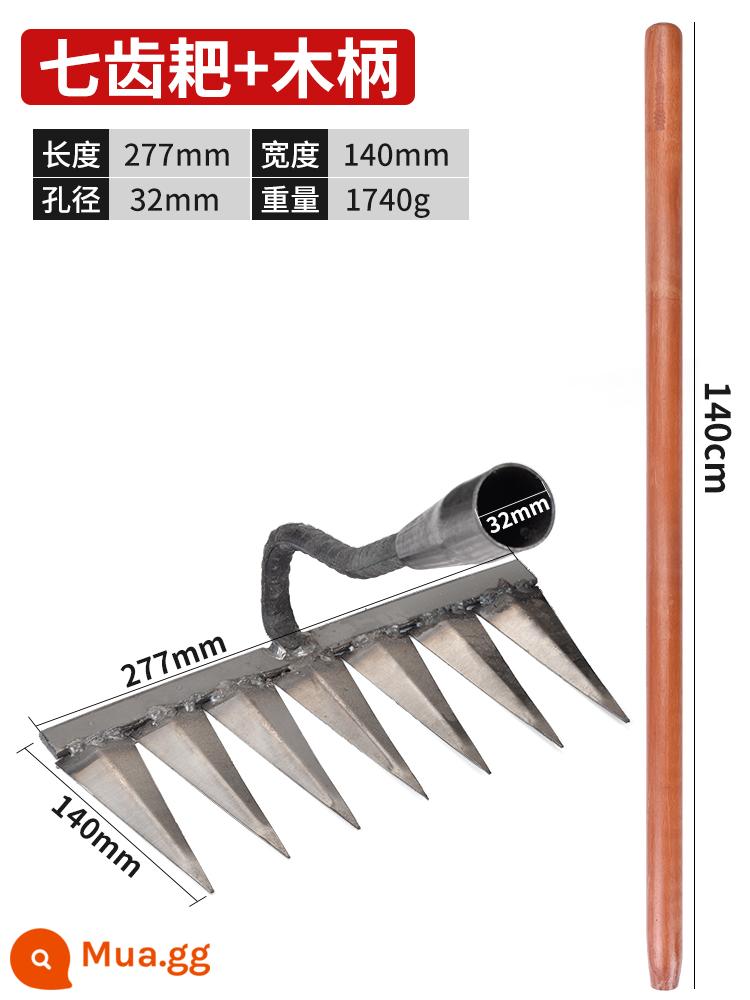 Cuốc làm cỏ cào dụng cụ nông trại cuốc làm cỏ cuốc gốc cày đất nới lỏng tạo tác sáu răng móng tay cào thép cào nông cụ bộ sưu tập - [Mẫu dày] Cuốc bảy răng + Tay cầm bằng gỗ bồ kết 1,4m + tặng kèm găng tay chống trượt