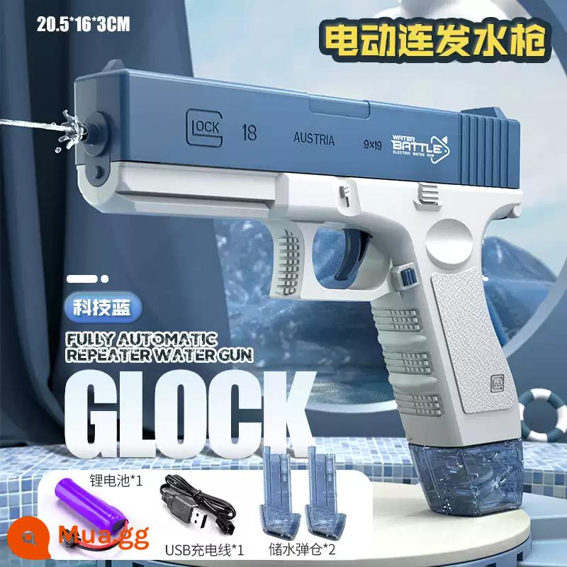 Súng nước Glock đồ chơi trẻ em súng phun 2024 súng nước mới cho trẻ em chơi dưới nước công suất lớn báo chí nổ - [Điện] Súng nước Blue Glock-với 2 băng đạn