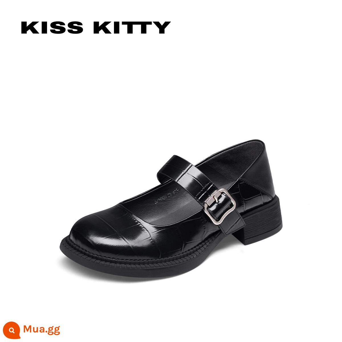 Kiss Kitty giày da đen ngọt ngào mới cho nữ mùa hè mũi tròn dày gót giày Mary Jane SA32159-36 - Da bò đen (mẫu đính đá)