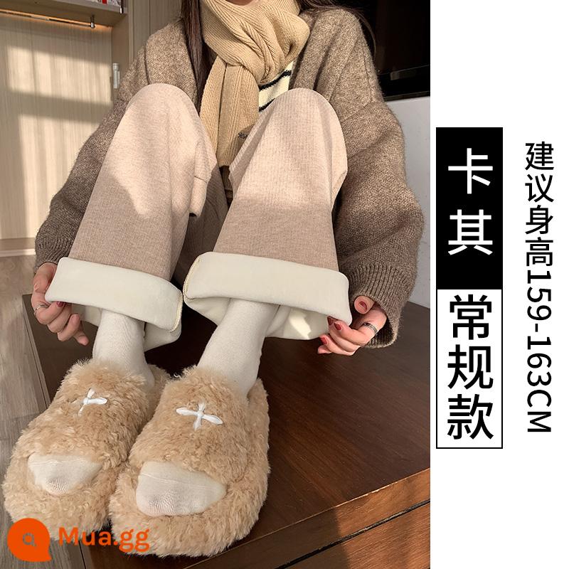 Kaki Cashmere hẹp quần ống rộng cho nữ mùa thu đông 2023 mới cao cấp drap dáng rộng thường ngày Plus nhung dệt kim quần - Kaki [cộng với nhung thường]