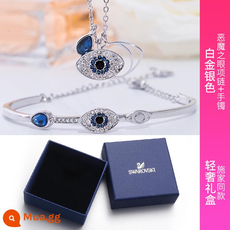 S925 Bạc Đá Mắt Quỷ Vòng Cổ Cho Nữ Đầy Kim Cương Vàng Hồng 18K Xương Đòn Dây Xích Sapphire Vòng Tay Bạn Gái quà Tặng - [Bạch kim] Vòng cổ + Vòng tay mắt quỷ [Hộp quà sang trọng]