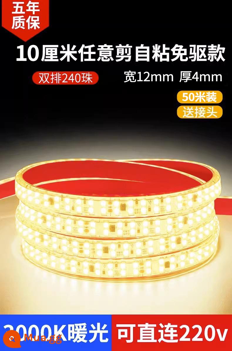 Điện áp cao 220v tự dính dải đèn led mềm tủ hiển thị tuyến tính vá biến áp miễn phí dải ánh sáng tuyến tính chống thấm nước - [Gói 50m] Hàng đôi-Cắt 10cm và tự dính (màu vàng ấm 3000k) đi kèm phích cắm