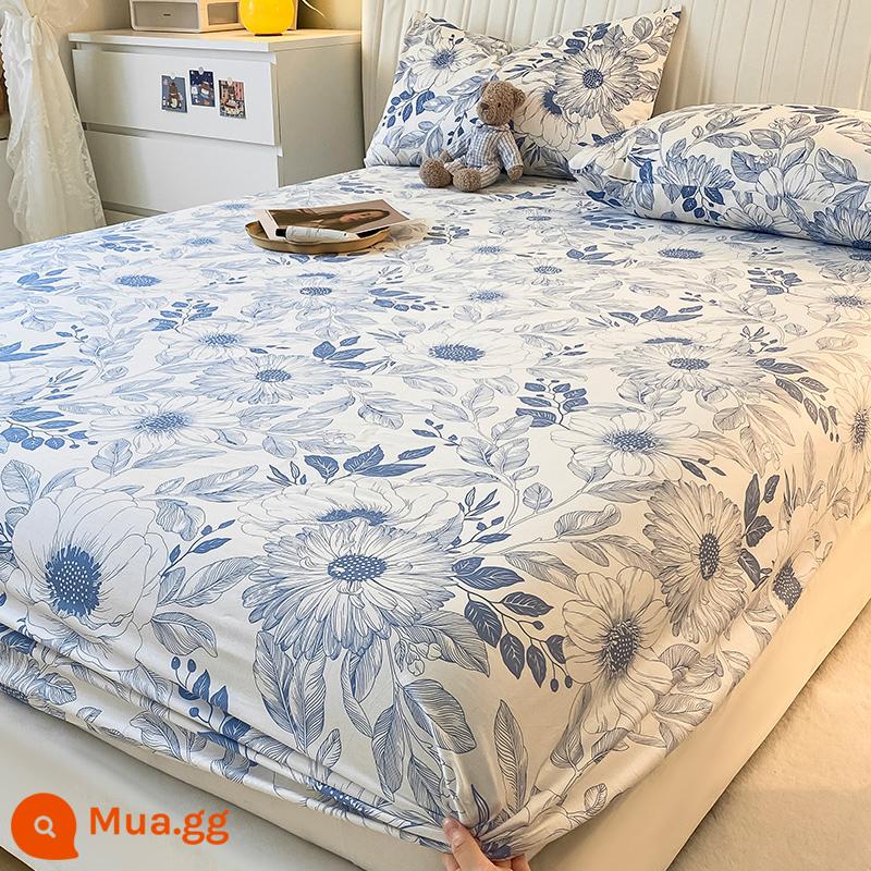 Phong cách mùa hè cotton nguyên chất bông được trang bị ga trải giường một mảnh ga trải giường bộ ba món nệm túi đựng đồ giường chống bụi ga trải giường 2022 mới - hoa mực