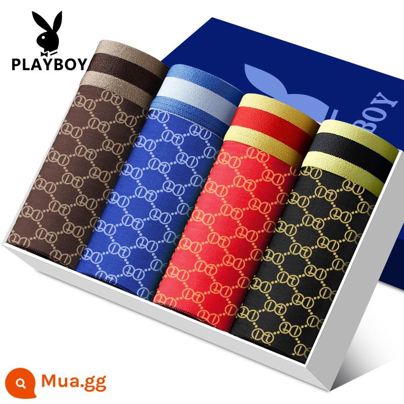 Quần lót nam Playboy 100% cotton, quần lót boxer dáng rộng, quần đùi bé trai, cotton nguyên chất plus béo, quần lót boxer oversized - VIP3405 [Bông nguyên chất 4 gói]