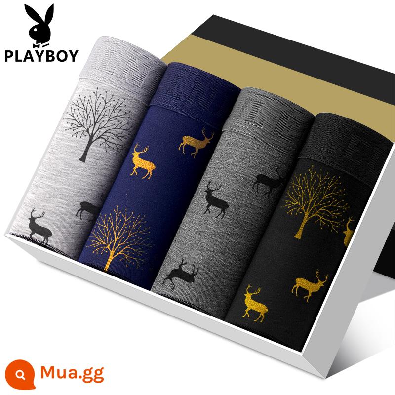 Quần lót nam Playboy 100% cotton, quần lót boxer dáng rộng, quần đùi bé trai, cotton nguyên chất plus béo, quần lót boxer oversized - VIP9474 [Bông nguyên chất 4 gói]