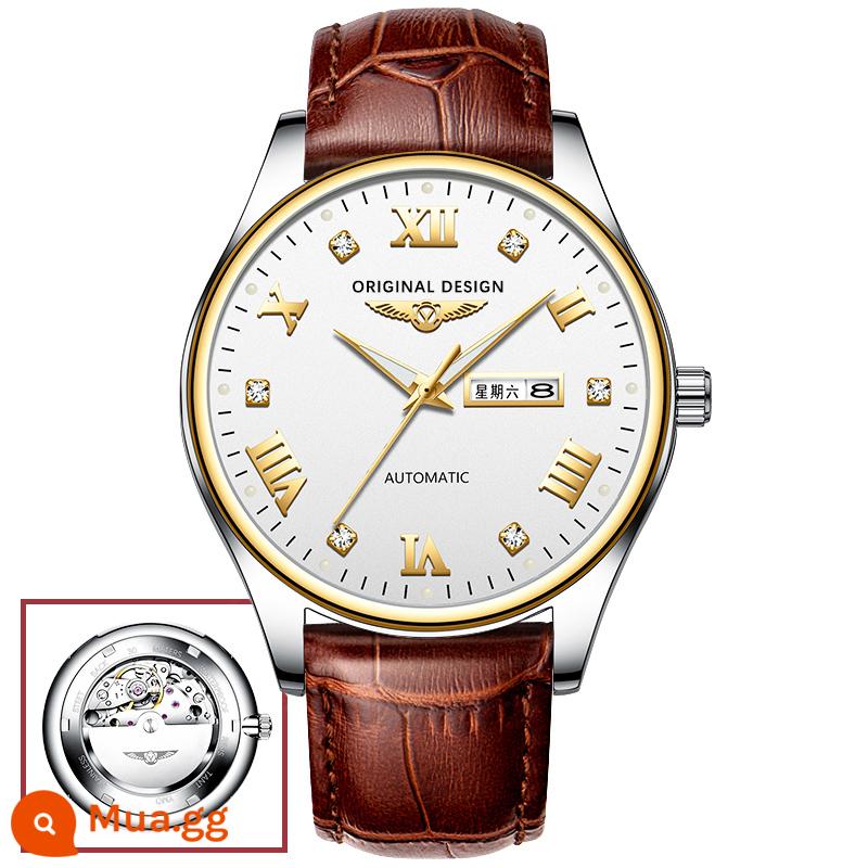 Đồng hồ nam chính hãng Thụy Sĩ top 10 thương hiệu nổi tiếng đồng hồ cơ khí tourbillon hoàn toàn tự động rỗng dây thật chống thấm nước đồng hồ nam - Mẫu thắt lưng da vàng trắng JX08 [hàng chính hãng · gửi quà tặng tinh tế]