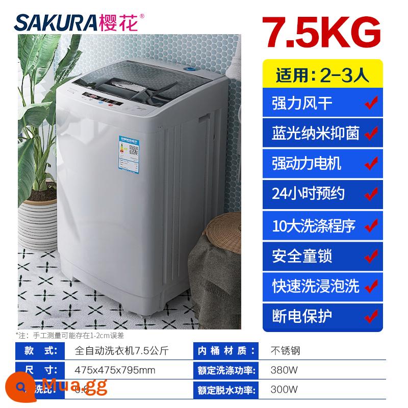 Máy giặt Sakura 7.5KG hoàn toàn tự động 8/10kg cho ký túc xá gia đình nhỏ bánh sóng sấy công suất lớn - Xám ấm/⒎⒌㎏Sấy không khí mạnh mẽ Nâng cấp làm sạch bằng ánh sáng xanh chống rối