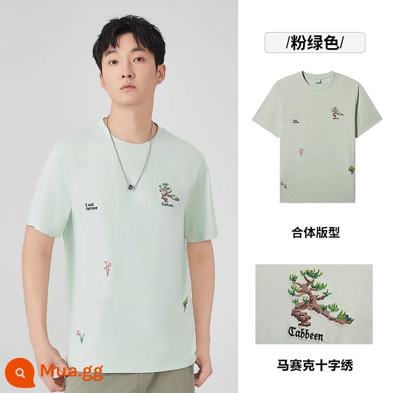 Áo thun nam ngắn tay cổ tròn mùa hè 2024 mới in hoa cũ 100% cotton hợp thời trang dạo phố - Kiểu 5 hồng xanh