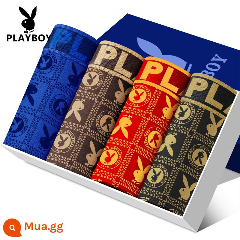 Quần lót nam Playboy 100% cotton, quần lót boxer dáng rộng, quần đùi bé trai, cotton nguyên chất plus béo, quần lót boxer oversized - VIP3423 [Gói 4 bông nguyên chất]