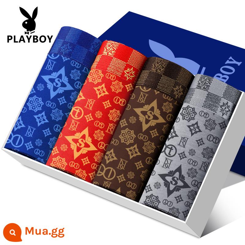 Quần lót nam Playboy 100% cotton, quần lót boxer dáng rộng, quần đùi bé trai, cotton nguyên chất plus béo, quần lót boxer oversized - VIP3413 [Bông nguyên chất 4 gói]