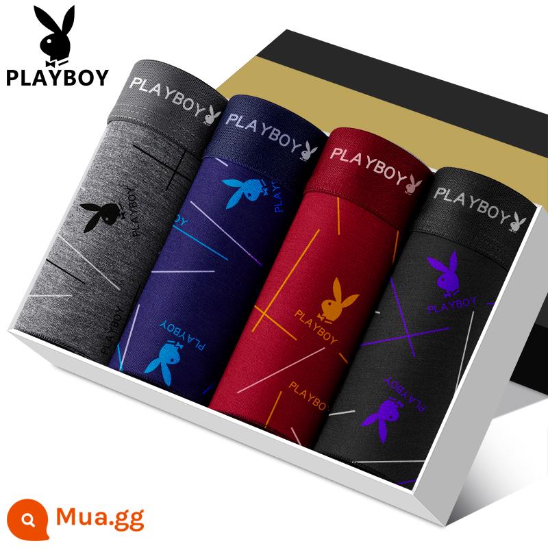 Quần lót nam Playboy 100% cotton, quần lót boxer dáng rộng, quần đùi bé trai, cotton nguyên chất plus béo, quần lót boxer oversized - VIP9491 [Bông nguyên chất 4 gói]