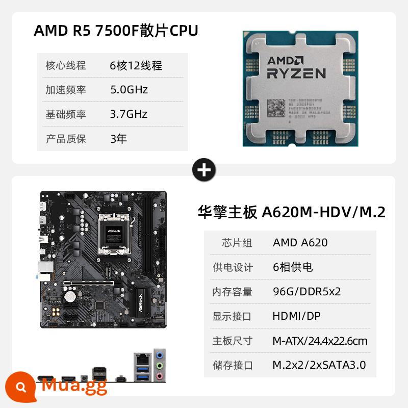 ASRock B650M PG Kuroshio Storm DDR5 máy tính để bàn Bo mạch chủ AMD AM5 7500F/7600CPU - ASRock A620M-HDV/M.2 kết hợp (chip rời R5 7500F)