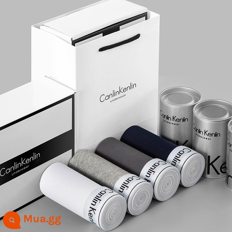 CK & LJRLTHO Quần Lót Nam Nam Cotton Nguyên Chất Boxer Thể Thao Thoáng Khí Quần Lót Boxer Hộp Quà Tặng Lễ Tình Nhân Quà Tặng - Mẫu viền trắng trắng + xám đậm + xám nhạt + xanh đậm 4 hộp quà