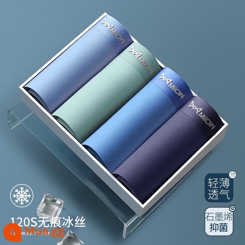 Catman Quần Lót Nam Ice Silk Quần Sịp Boxer 2024 Mới Liền Mạch Mùa Hè Mỏng Thoáng Khí Quần Lót Boxer Bé Trai - 4 miếng [lụa băng làm mát + hút ẩm và thoáng khí] xanh nhạt + xanh dương + xanh trái cây + xanh đậm