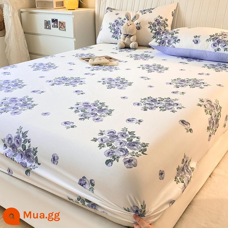 Phong cách mùa hè cotton nguyên chất bông được trang bị ga trải giường một mảnh ga trải giường bộ ba món nệm túi đựng đồ giường chống bụi ga trải giường 2022 mới - người yêu màu xanh