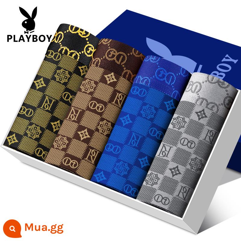 Quần lót nam Playboy 100% cotton, quần lót boxer dáng rộng, quần đùi bé trai, cotton nguyên chất plus béo, quần lót boxer oversized - VIP3419 [Gói 4 bông nguyên chất]