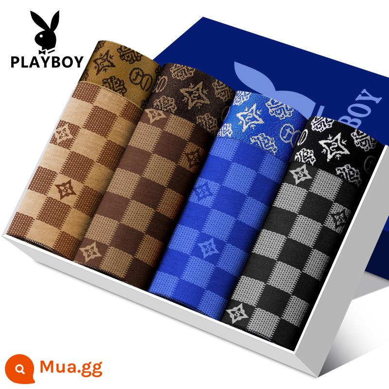 Quần lót nam Playboy 100% cotton, quần lót boxer dáng rộng, quần đùi bé trai, cotton nguyên chất plus béo, quần lót boxer oversized - VIP3407 [Bông nguyên chất 4 gói]