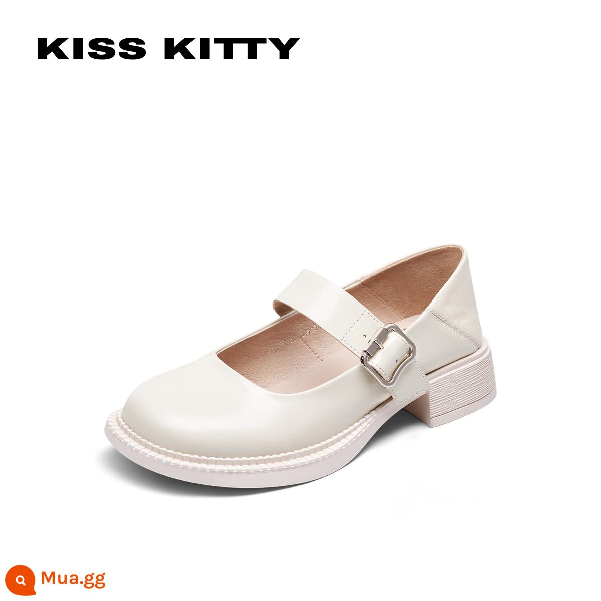 Kiss Kitty giày da đen ngọt ngào mới cho nữ mùa hè mũi tròn dày gót giày Mary Jane SA32159-36 - Da bò màu trắng nhạt