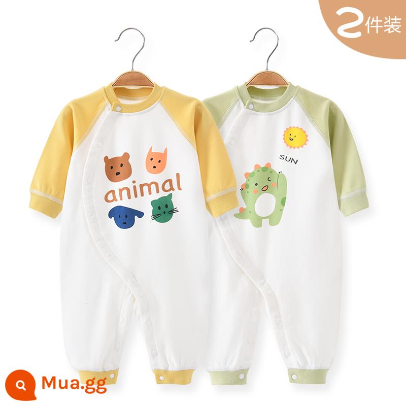 Áo Liền Quần Cho Bé Quần Áo Sơ Sinh Bộ Đồ Ngủ Cotton Thu Xuân Phù Hợp Với Nam Nữ Cho Bé Quần Áo Mùa Thu Quần Áo Liền Quần Liền Quần - Động vật màu vàng + khủng long xanh (Xuân Thu)