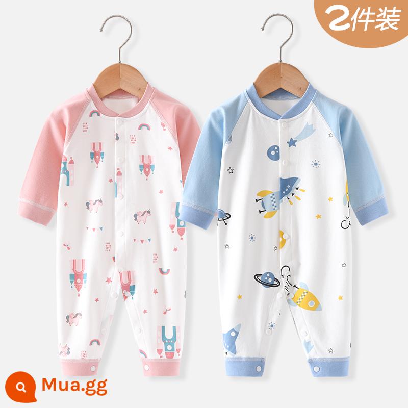 Áo Liền Quần Cho Bé Quần Áo Sơ Sinh Bộ Đồ Ngủ Cotton Thu Xuân Phù Hợp Với Nam Nữ Cho Bé Quần Áo Mùa Thu Quần Áo Liền Quần Liền Quần - Lâu đài hồng + Không gian xanh (Xuân Thu)