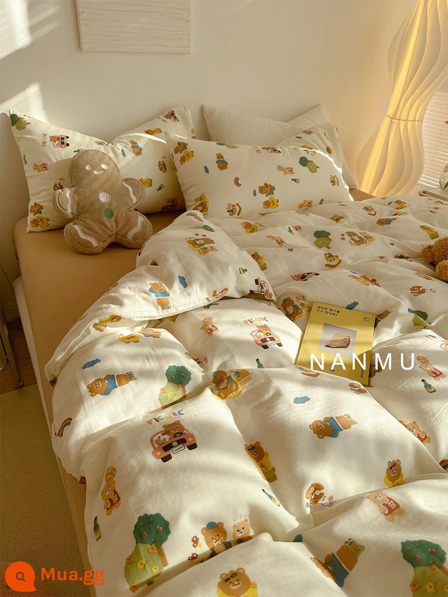 Vô cùng dễ thương｜Bộ 4 món vải cotton hai lớp màu hồng mềm mại, dễ thương cho bộ chăn ga gối ngủ hoạt hình dành cho trẻ em 1,5m tấm vừa vặn - Sợi hai lớp—Moore WM