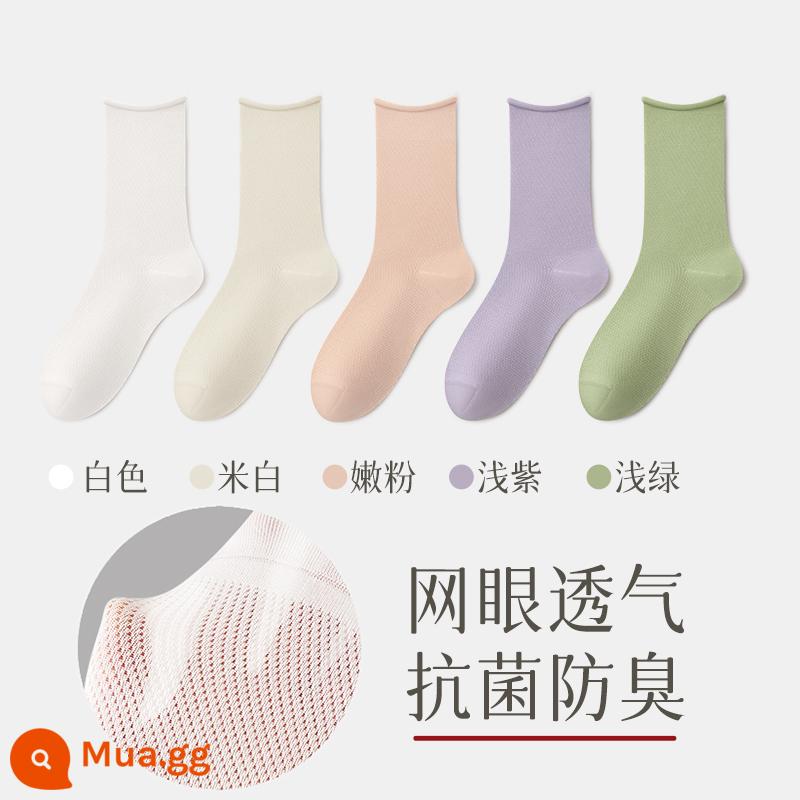 Vớ nữ mùa hè vớ bong bóng mỏng sợi cotton nguyên chất thấm hút mồ hôi mùa hè vớ lưới thoáng khí vớ ống giữa dành cho nữ - Kết hợp sáu (xanh nhạt + hồng dịu + tím nhạt + trắng nhạt + trắng)