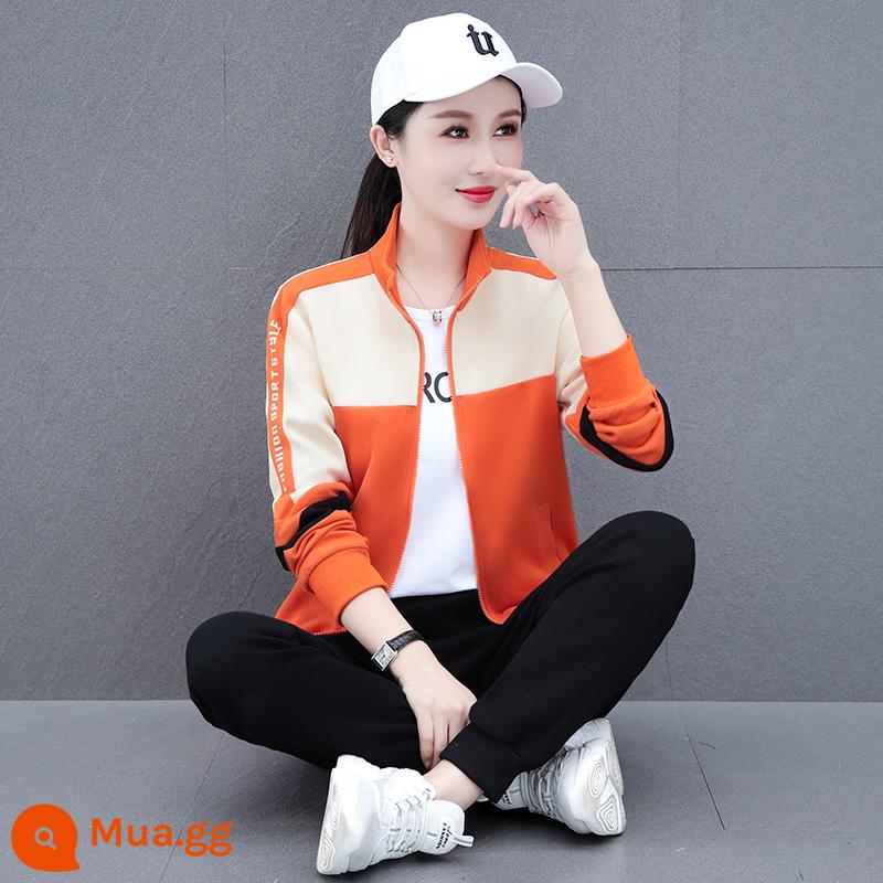 Cardigan phong cách phương Tây trang phục thể thao phù hợp với nữ thời trang mùa xuân và mùa thu 2023 Áo thun dày rộng nhảy múa giản dị chạy ba mảnh phù hợp với - Màu cam (bộ hai mảnh)