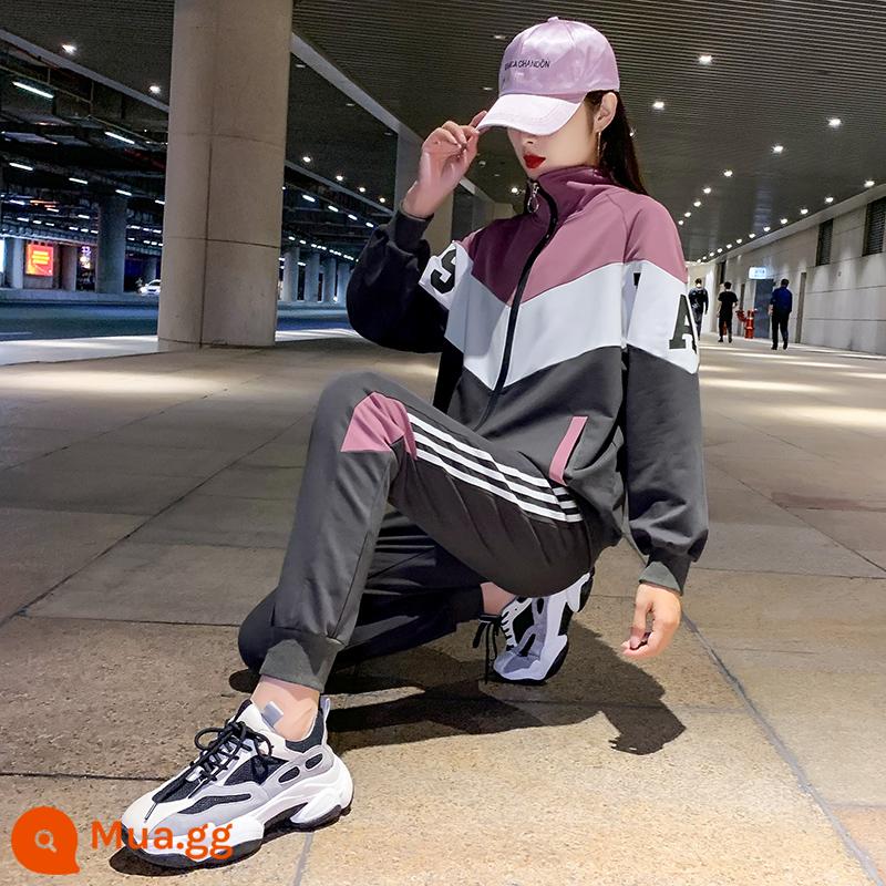 Tide thương hiệu đồ thể thao phù hợp với phụ nữ mùa xuân và mùa thu 2022 hip-hop ins thời trang đẹp trai giản dị bộ đồ hai mảnh - bột màu đậu