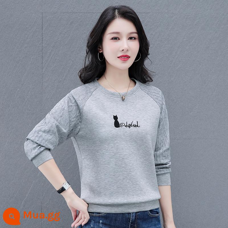 Bộ quần áo thể thao thêu màu xám phù hợp với nữ mùa xuân và mùa thu 2022 cotton mới thời trang áo thun dày giản dị chạy bộ hai mảnh - Màu xám (áo đơn)