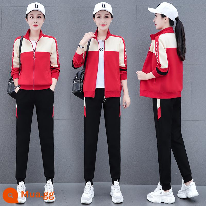 Cardigan phong cách phương Tây trang phục thể thao phù hợp với nữ thời trang mùa xuân và mùa thu 2023 Áo thun dày rộng nhảy múa giản dị chạy ba mảnh phù hợp với - Màu đỏ (bộ 3 món)