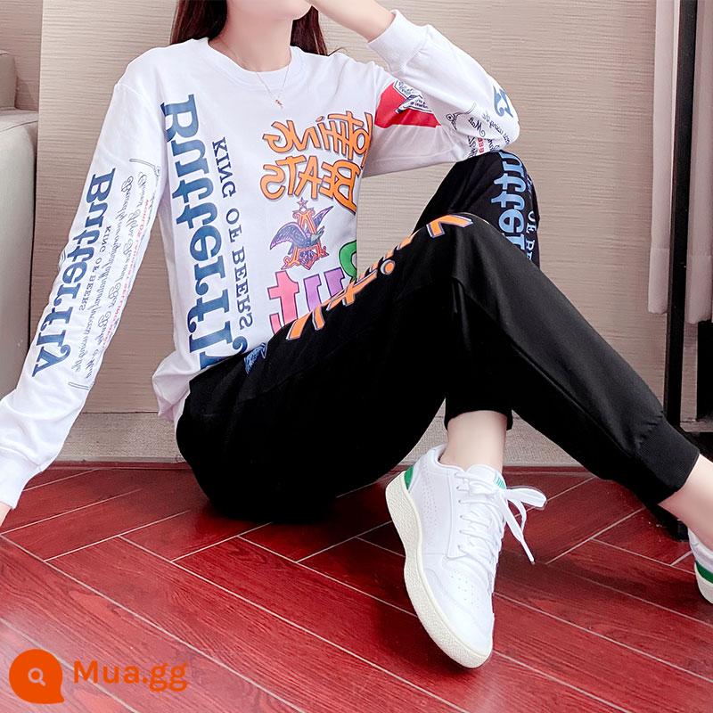 Hip -hop Sportswear Set Nữ 2022 Spring and Autumn Tide Giảm thời trang áo len lỏng lẻo, hai bộ trường học mỏng - Áo thun cotton dày màu trắng + quần đen