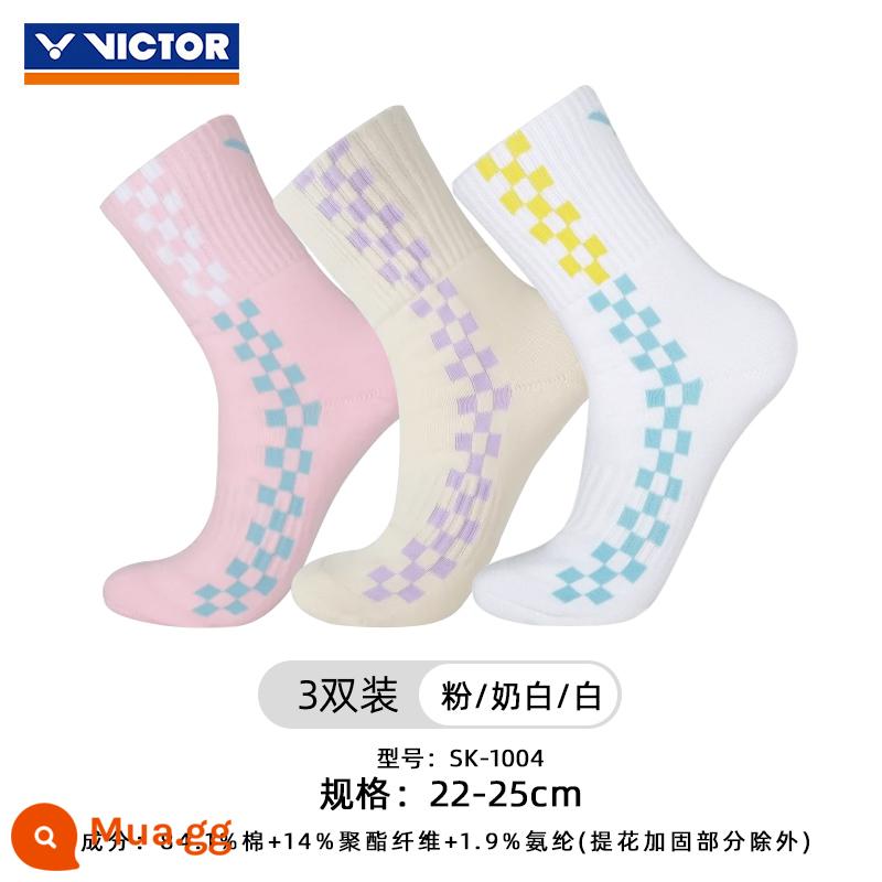 Ba Đôi Victor Victory Vớ Cầu Lông Nam Tất Nữ Victor Dày Khăn Cotton Đáy Thể Thao Bóng Rổ - Ống cao: nữ SK1004 trắng/hồng/trắng kem 3 đôi