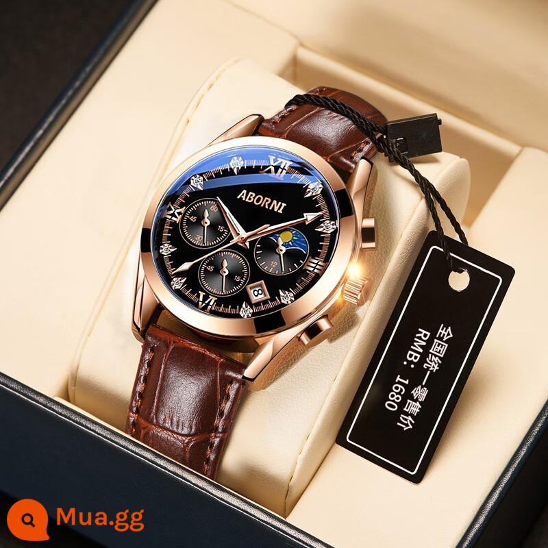 2022 Đồng hồ nam chính xác mới Quartz Watch Waterproof Night Light 10 Thương hiệu đồng hồ đeo tay thể thao Lịch thể thao - Vỏ hoa hồng da nâu đen