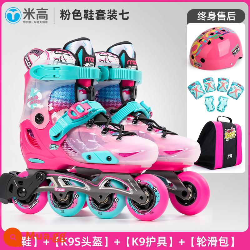 MI Gao chuyên nghiệp Trẻ em Skate Skate Skate Fancy Skates Skate Skates Floating Flower Shoes Wheel Wheel Wheel Row Wheel S7 - Sự kiện-Bộ đồ hồng 4 (Mũ bảo hiểm K9S + Bảo vệ K9)