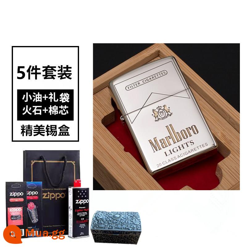 Bật lửa zippo chính hãng đồng nguyên chất Marlboro cá tính sáng tạo tùy chỉnh chữ dầu hỏa chống gió quà tặng nam - bộ hộp thiếc bạc