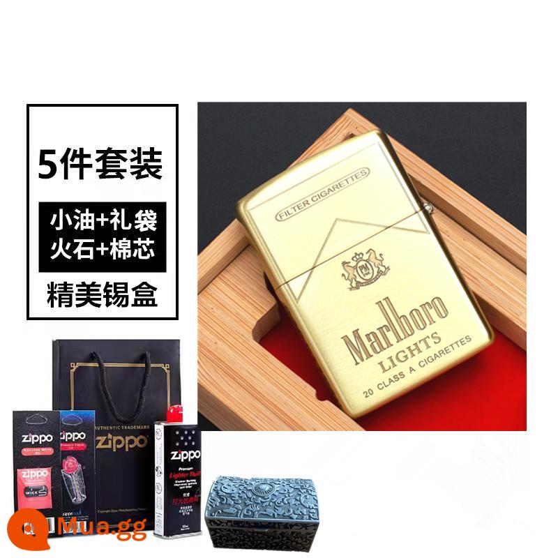 Bật lửa zippo chính hãng đồng nguyên chất Marlboro cá tính sáng tạo tùy chỉnh chữ dầu hỏa chống gió quà tặng nam - Bộ hộp thiếc chải đồng nguyên chất