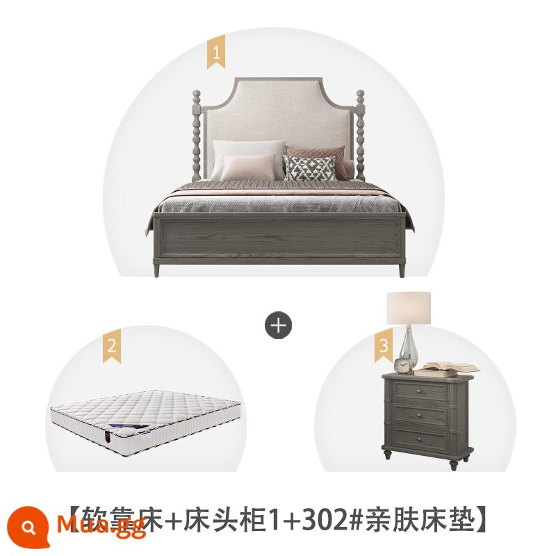 American Light Bed sang trọng Forh Gỗ phòng ngủ chính của người châu Âu -kiểu đôi giường đôi 1,8 mét Căn hộ nhỏ Pháp retro màu xám giường bằng gỗ rắn - Giường lưng êm ái + bàn đầu giường 1 + Nệm thân thiện với da 302# Lưu ý màu sắc