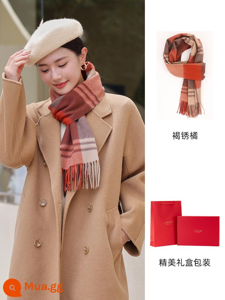 Câu Chuyện Thượng Hải Khăn Choàng Cashmere Nữ 2022 Mùa Đông Mới Kẻ Sọc Khăn Choàng Ấm Áp Đa Năng Sinh Nhật Tặng Khăn Quàng Cổ - Màu cam thêu màu nâu