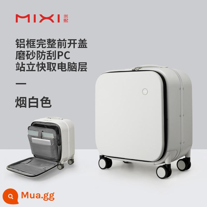 Mixi mở phía trước 18 inch trường hợp lên máy bay nữ khung nhôm xe đẩy trường hợp du lịch ánh sáng nhỏ bên mở vali nam - Màu trắng khói (mờ và chống trầy xước)