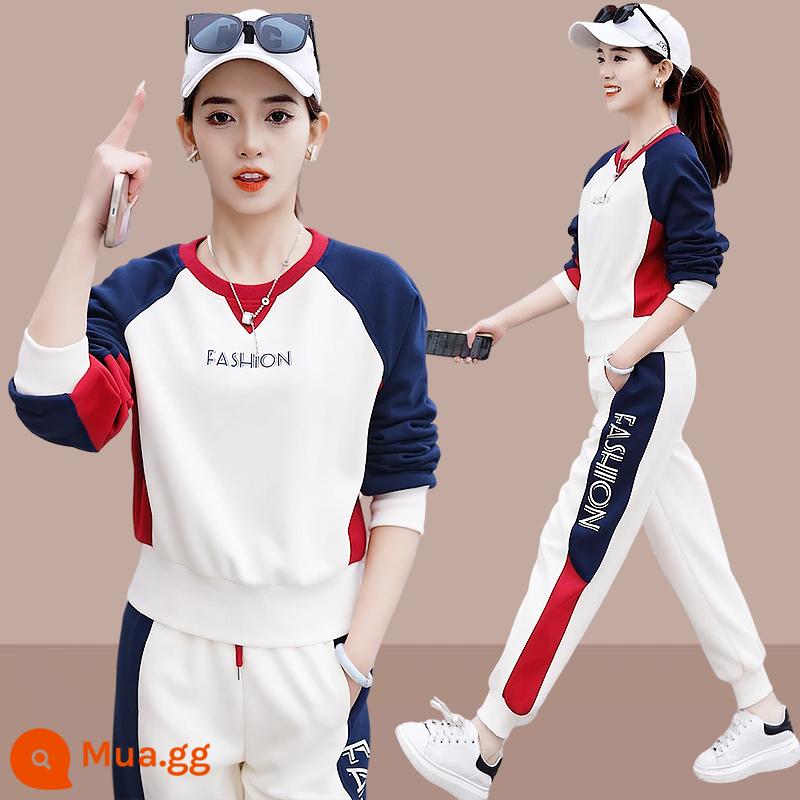 Bộ đồ thể thao giản dị cotton cotton thuần chất nhung dành cho nữ mùa thu đông 2023 mới dáng rộng phong cách Hàn Quốc Bộ đồ hai mảnh dài tay kiểu phương Tây - mơ trắng