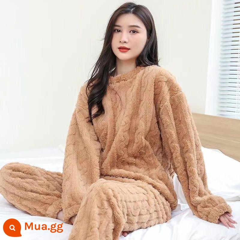 Thời Trang Mới Nhung San Hô Jacquard Phù Hợp Với Bộ Đồ Ngủ Mùa Thu Đông Plus Nhung Dày Internet Người Nổi Tiếng Cô Gái Cặp Đôi Thường Ngày Phù Hợp Với - Màu nâu [Bộ đồ giữ ấm bằng vải jacquard tương tự của Anchor]