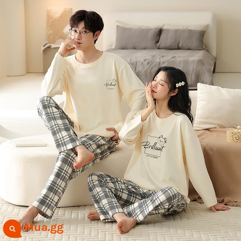 Bộ đồ ngủ cặp đôi mặc mùa xuân và mùa thu cotton nguyên chất dài tay một nam và một nữ có thể mặc bên ngoài bộ đồ mặc nhà mùa đông mới - 416119 Người mẫu cặp đôi