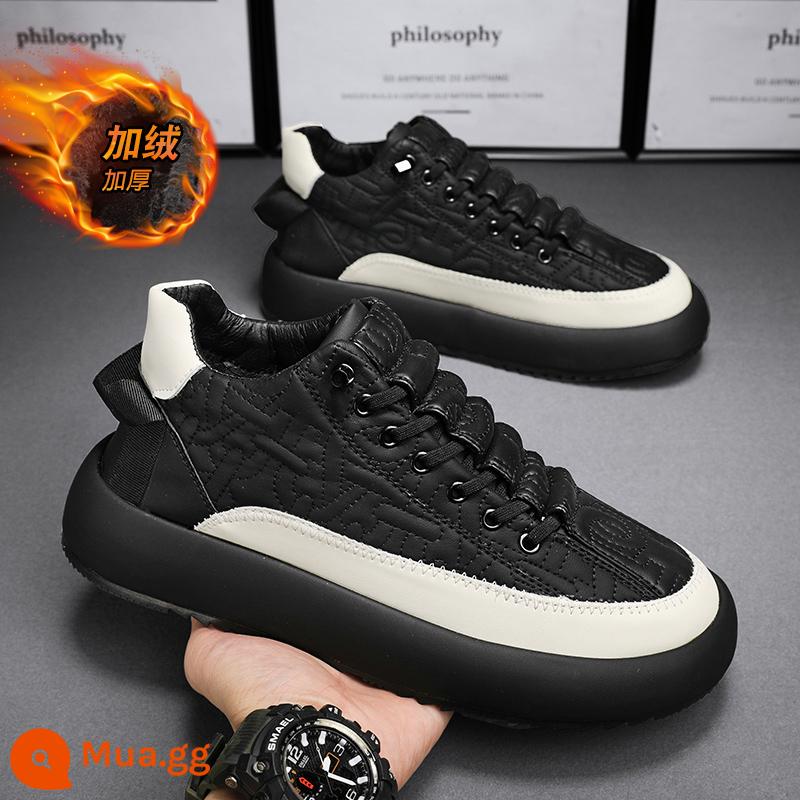 Giày Nam Mùa Đông Plus Nhung Ấm Áp Hai Lớp Giày Sneakers Đen Giày Da Thường Làm Việc Chống Nước Thương Mại Ngoại Thương giày Hợp Thời Trang - Đen [cộng với cashmere]