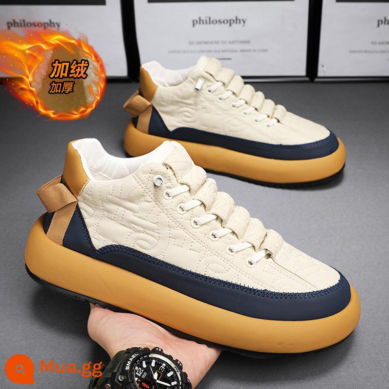 Giày Nam Mùa Đông Plus Nhung Ấm Áp Hai Lớp Giày Sneakers Đen Giày Da Thường Làm Việc Chống Nước Thương Mại Ngoại Thương giày Hợp Thời Trang - Trắng [cộng với cashmere]