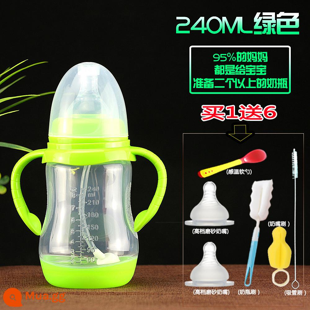 Bình sữa cho bé sơ sinh học cốc tập uống đường kính rộng có ống hút silicone tay cầm uống nước chống rơi kích thước nhựa - XH xanh 240ml đi kèm bộ sáu món